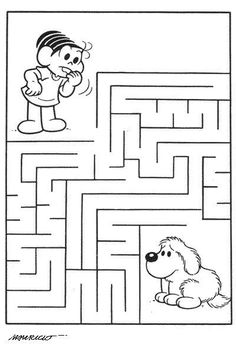 a maze with a dog and a man looking at the puppy in it's mouth