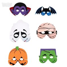 four masks with different designs on them, one has a bat and the other has a pumpkin