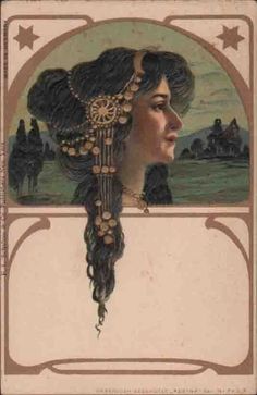 an old postcard with a woman's head in the center and stars on it