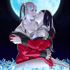 two people are kissing in front of a full moon