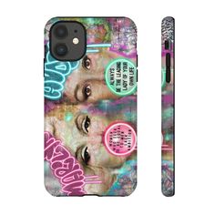 a phone case with an image of two women and the word happy on it, in pink