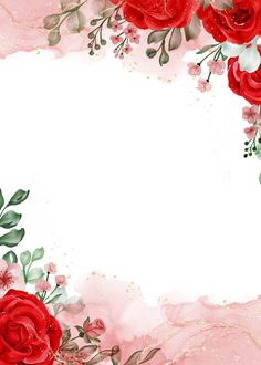 red roses with green leaves and pink watercolor background