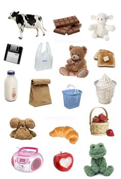 there are many different items that can be found in this photo, including bread, milk, and stuffed animals