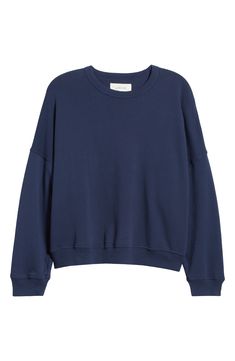 Whether you're on the couch, running errands or working from home, join the cozy comfort team in this soft sweatshirt that achieves a vintage vibe. 21 1/2" length (size 2) Crewneck Dropped shoulders Ribbed cuffs and hem 100% cotton Machine wash, tumble dry Made in the USA Women's Clothing Navy Blue Crewneck Outfit, Blue Crewneck Outfit, Navy Sweater Outfit, Crewneck Outfit, Navy Blue Crewneck, Navy Blue Sweatshirt, Navy Sweatshirt, Xmas List, Blue Crew