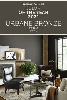 the color of the year 2012 urbane bronze is shown in this living room with black walls