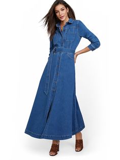 Denim Maxi Shirtdress | New York & Company Dress For Older Women, Denim Maxi Dress, Utility Style, Denim Maxi, Denim Details, Petite Fashion, Shirtdress, Medium Blue, Denim Dress