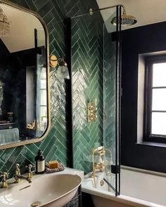 Delve Interiors, Green Shower Tile, Herringbone Bathroom, Herringbone Tile Bathroom, Dark Green Tile, Dark Green Bathrooms, Green Subway Tile, Botanical Bathroom, Green Tile Bathroom