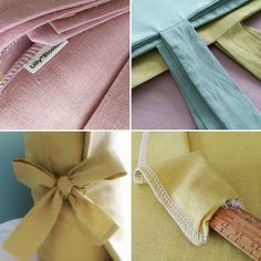 four different colors of fabric with bows and ribbons on the top, bottom, and bottom