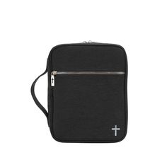 Made of nylon, this Bible cover has:  Cross print on the front, Montana West logo on the back  Laser-cut cross details on the zipper   A zippered pocket on the front  Inside compartment includes one place for Bible, notebooks and pens   A single handle  Fits most medium size Bibles.   8.5"x 2.2" x 11" Functional Black Organizer With Zipper Pouch, Black Organizers With Zipper Closure For Everyday Use, Black Functional Organizers For School, Black Functional School Organizers, Black Travel Accessories With Luggage Sleeve For Organization, Functional Black Case With Zipper Closure, Black Case With Zipper Closure For Daily Use, Black Cases With Zipper Closure For Daily Use, Black Cases With Zipper Closure For Organization