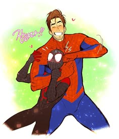 the spider - man and his friend are hugging each other in this funny cartoon drawing