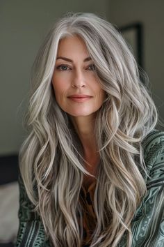 Silver With Blonde Highlights, Long Layered Hair Grey, Highlighted Long Hair, Color Highlights In Gray Hair, Highlights Lowlights Grey Hair, Long Blonde Hair Highlights, Long Hair At 50 Years Old, Long Layered Gray Hair, Grey Hair Blonde Highlights