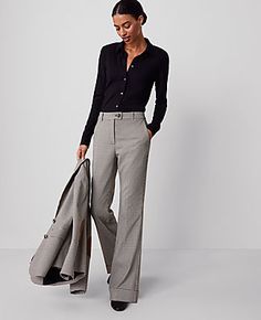 The versatile, streamlined look is back - our houndstooth cuffed trouser pant is ultra flattering. Front zip with extended button tab closure. Front off-seam pockets. Back besom pockets.,Leg Shape:Leg Shape: Trouser – a pant with a bit of flare that lengthens legs,Rise:High rise: sits 1/2" to 1" below natural waist,Imported:Imported,Fit:Fit: Tailored & fitted,Length:Full length: 31 1/2" inseam with 22" leg opening,Fabrication:66% Polyester, 32% Viscose, 2% Spandex,Garment Care:Machine Washable T Abercrombie Work Pants, Women’s Work Pants, Women’s Dress Pants, Suit Ideas Women, Stylish Work Attire Business Casual, Business Dress Code, Womens Business Attire, Stylish Business Casual, Work Attire Women