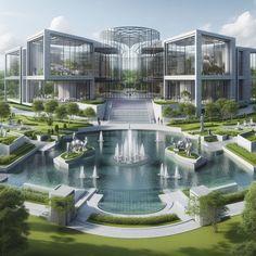 an artist's rendering of a building surrounded by trees and water with fountains in the foreground