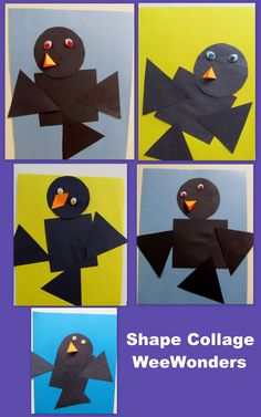 four pictures of different shapes and sizes of paper with the words shape collage wee wonders