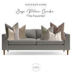 a couch with many pillows on it and the words, hackner home stop pillow canada