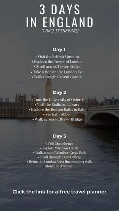 the 3 days in england itinerer with text overlaying it and an image of big ben