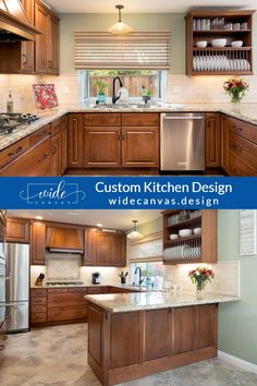 two pictures show the same kitchen design