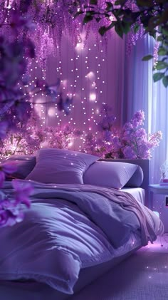 a bedroom with purple flowers and lights on the wall above the bed is decorated in lavender hues