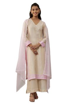 Ivory kurta with pearls hand embroidery. Comes with palazzo and a dupatta. - Aza Fashions Formal Embroidered Beige Dupatta, Formal Beige Embroidered Dupatta, Elegant Raw Silk Salwar Kameez With Embroidered Border, Elegant Salwar Kameez With Embroidered Border, Elegant Beige Salwar Kameez With Sheer Dupatta, Formal Silk Dupatta With Embroidered Border, Elegant Formal Salwar Kameez With Embroidered Border, Elegant Embroidered Salwar Kameez For Wedding, Elegant Wedding Salwar Kameez With Embroidered Border