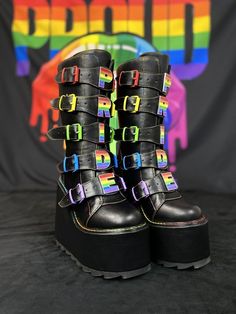 DUNE PRIDE STRAPS - BLACK - Y R U Pride Platform Boots, Rainbow Platform Boots, Gothic Pride Outfit, Alt Pride Outfit, Goth Pride Outfit, Pride Looks Outfit, Rainbow Goth Aesthetic, Pride Day Outfits, Lgbtq Shoes