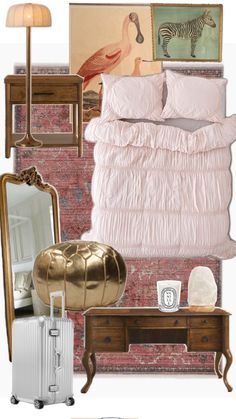 a bedroom with pink and gold decor, including a bed, mirror, dresser, lamp, suitcase and other items