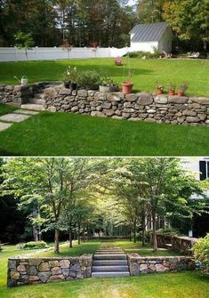 two pictures side by side with grass and trees in the back ground, one showing steps leading up to a house