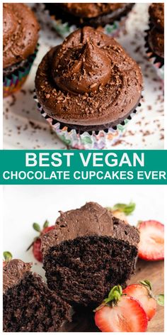 the best vegan chocolate cupcakes with strawberries on top