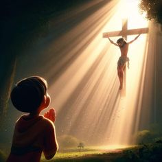 a painting of jesus on the cross and a child kneeling in front of it with sunlight streaming through