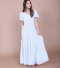 Light Blue Flowy V-neck Midi Dress, Billowy V-neck Spring Dress, Modest Flowy V-neck Dress, Billowy V-neck Midi Dress For Spring, Modest Blue V-neck Maxi Dress, Blue Modest V-neck Dress, Modest Bride, Modest Maxi, Modest Bridesmaid Dresses