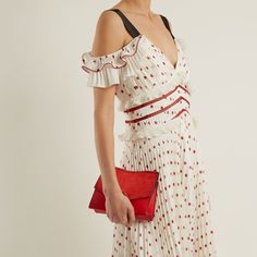 A Stunning Midi Cocktail Dress From Self-Portrait In Smooth White And Red Polka-Dot Satin Fabric Featuring A Plunge Neckline, Ruffle Accents Across The Elastic Bodice And Shoulders, A Pleated Skirt, And A Hook-And-Eye Fastening With An Exposed Zipper On The Back. Size: Us 2 Condition: Excellent; Very Faint Residue At Underarms. Approximate Measurements (Laid Flat): Shoulder: 13.75” (35 Cm) Chest: 14.5” (37 Cm) Waist: 12.5“ (32 Cm) Length Down Back: 43.25” (110 Cm) Composition: 100% Polyester Self Portrait Dress, Fashion Mood Board, Midi Cocktail Dress, Plunge Neckline, Exposed Zipper, Fantasy Fashion, White And Red, Spring Dress, Pleated Dress