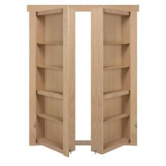 an open wooden bookcase with shelves on each side and doors to the other side