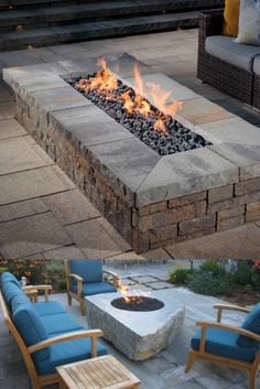 an outdoor fire pit with blue chairs around it and the fire is blazing up in the background