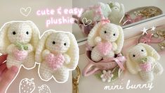 there are crocheted stuffed animals in the shape of two rabbits and one is holding a pink bow