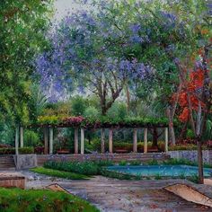 a painting of a park with trees and flowers