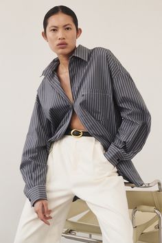 MASON SLATE STRIPE SHIRT | Dissh Oversized Button Up Shirt Outfit, Oversized Button Up Shirt, Oversized Long Sleeve Shirt, White Denim Jeans, Casual Long Sleeve Shirts, Oversized Long Sleeve, Drawstring Pants