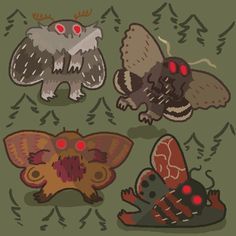 four different types of moths with red eyes and black wings, on a green background