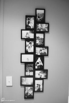 black and white photo hanging on the wall with multiple pictures in it's frame