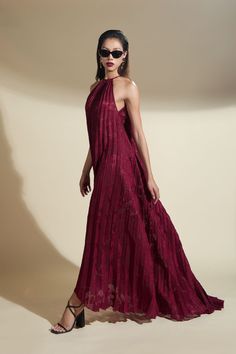 This dress features a halter design and pleated details, providing a chic and sophisticated look for any formal occasion. Made from high-quality brocade fabric, this dress is both luxurious and comfortable. Perfect for those who want to elevate their style with minimal effort. Brocade Maxi Dress, Mean Blvd, Office Attire, Brocade Fabric, Wine Red, Designer Collection, Formal Occasion, Online Fashion, Floor Length