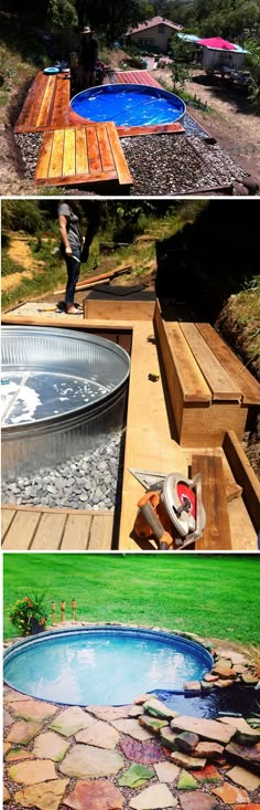 four different views of an outdoor swimming pool in the process of being built and installed