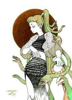 a drawing of a woman in a dress and hat standing next to two snakes on the ground