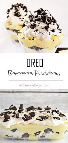 an oreo banana pudding in a glass dish with chocolate chips and whipped cream on top