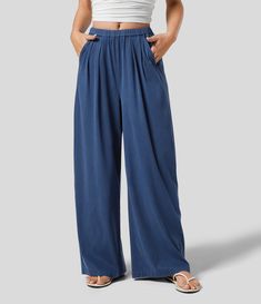 Blue Flowy Bottoms, Flowy Clothes, Casual Wide Leg Pants, Knit Denim, Flowy Pants, Bleach Wash, Bottom Clothes, Side Pocket, Costume Ideas