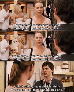 two people talking to each other in front of a screen with the caption that reads 27 dresses