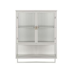 a white cabinet with glass doors on the front and bottom shelves, against a white background