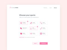 a pink website page with the words choose your sports