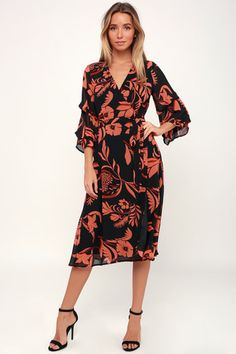 Highlight of my Life Orange and Black Floral Print Wrap Dress Blondie Photography, Maroon Fitted Dress, Lace Bodycon Midi Dress, Dresses Lulus, Black Print Dress, Printed Gowns, Floral Print Chiffon, Lace Skater Dress, Dress Wrap