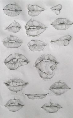 pencil drawings of different lips on paper