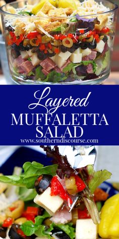 layered muffaaletta salad with olives, tomatoes, lettuce and cheese