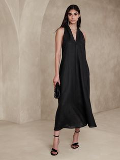 Pauline Linen Midi Dress | Banana Republic Chic Linen Midi Dress For Vacation, Chic Linen Midi Dress For Day Out, Chic A-line Linen Dress For Vacation, Chic Linen Maxi Dress For Day Out, Chic Unlined Linen Daywear Dress, Chic Unlined Linen Dress For Daywear, Elegant A-line Linen Beach Dress, Spring Daywear Midi Dress With Pleated Back, Summer Workwear Maxi Dress With Pleated Back