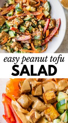 two pictures with the words easy peanut tofu salad on top and in the middle